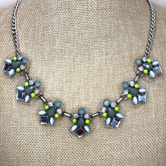 Silver-Tone Statement Necklace With Green Yellow & Clear Crystal Floral Accents - Picture 3 of 5
